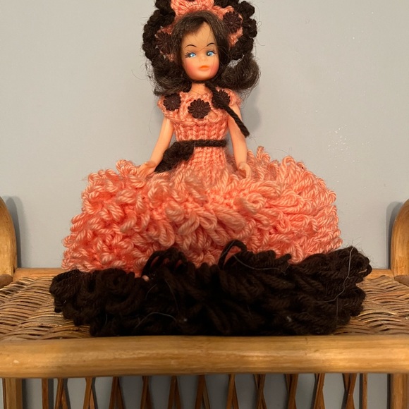 Vintage handmade crochet knit decorative doll | brown and peach - Picture 3 of 9